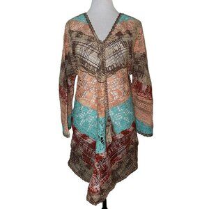 Soft Surroundings Aqua Multi Chevron Earthy Crochet Knit Tunic Top Size L
